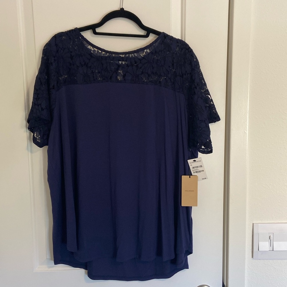 Halogen 3X navy blue shirt sleeve blouse with lace top